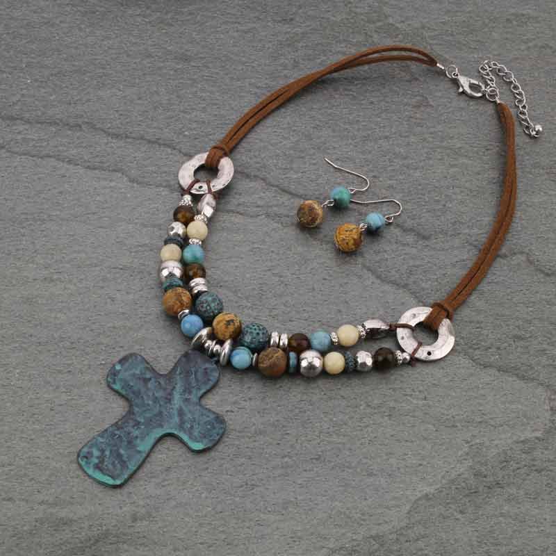 Cross Pendant Multi Beaded Necklace Set