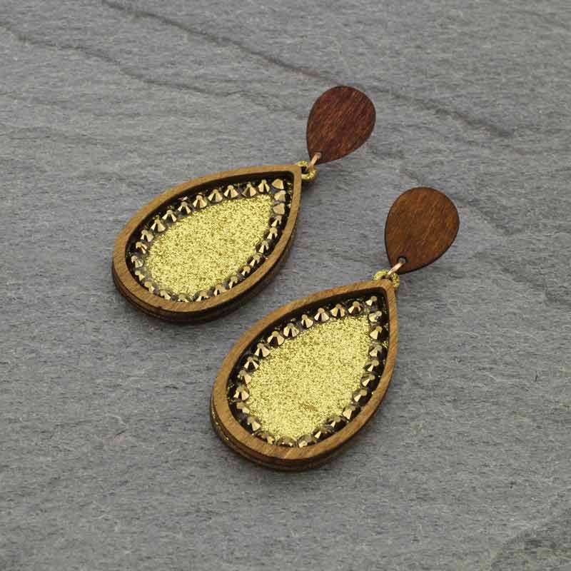 Teardrop Boho Glitter Wood Post Earrings