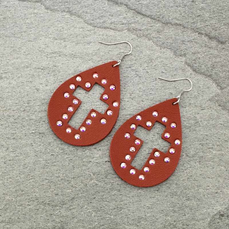 Leather Cross Teardrop Fish Hook Earrings