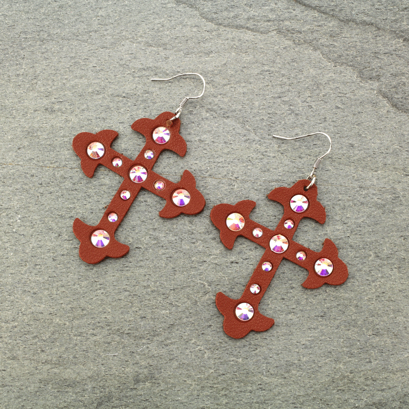 Leather Cross Fish Hook Earrings