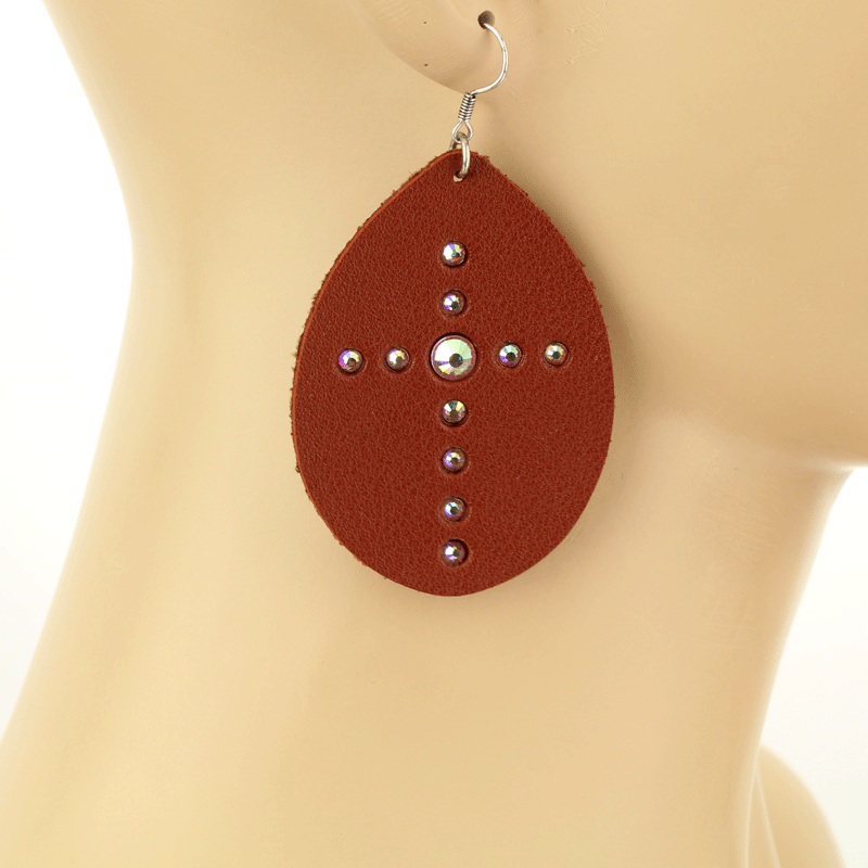 Leather Cross Teardrop Fish Hook Earrings - Image 2