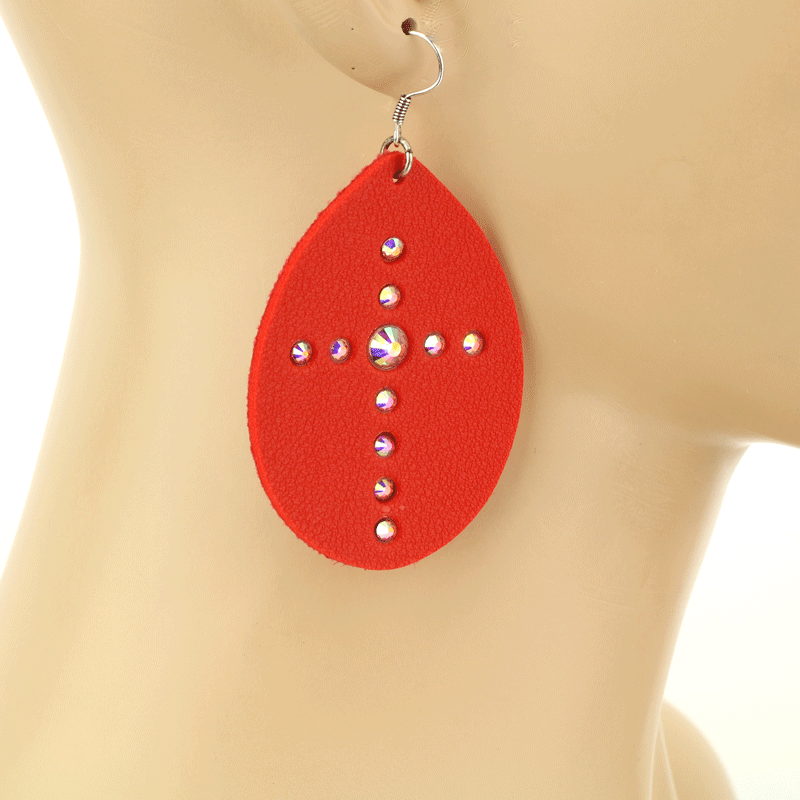 Leather Cross Teardrop Fish Hook Earrings - Image 2