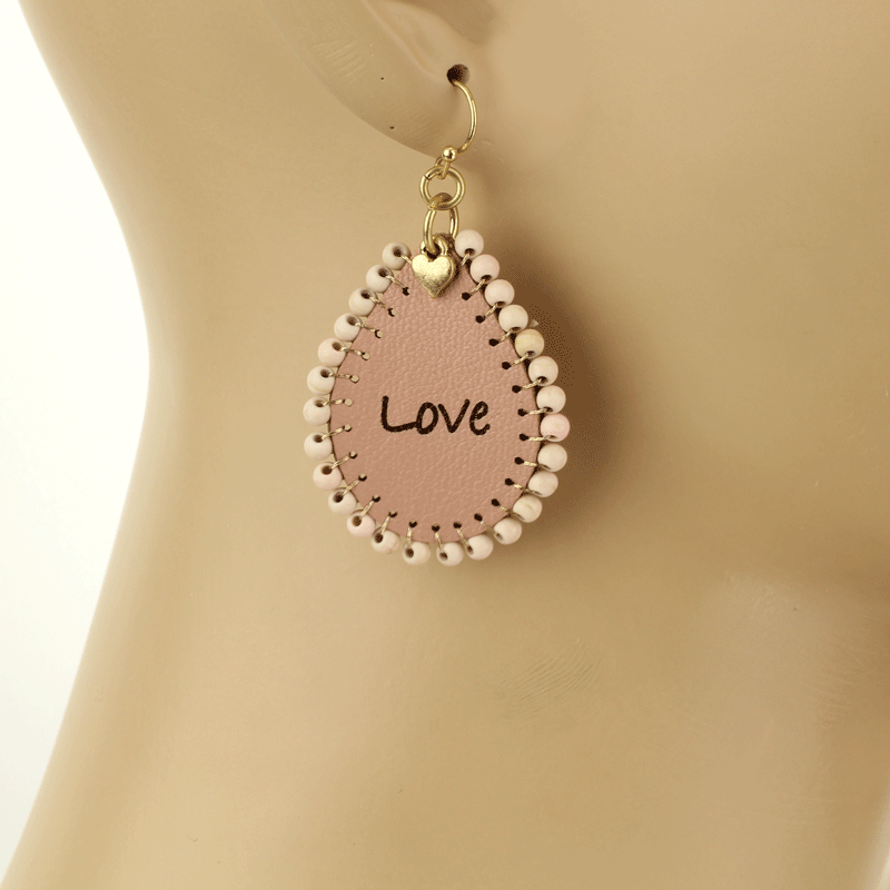 "Love" Leather Semi Bead Message Fish Hook Earrings - Image 2