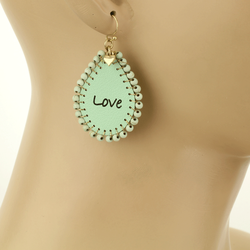"Love" Leather Semi Bead Message Fish Hook Earrings - Image 2