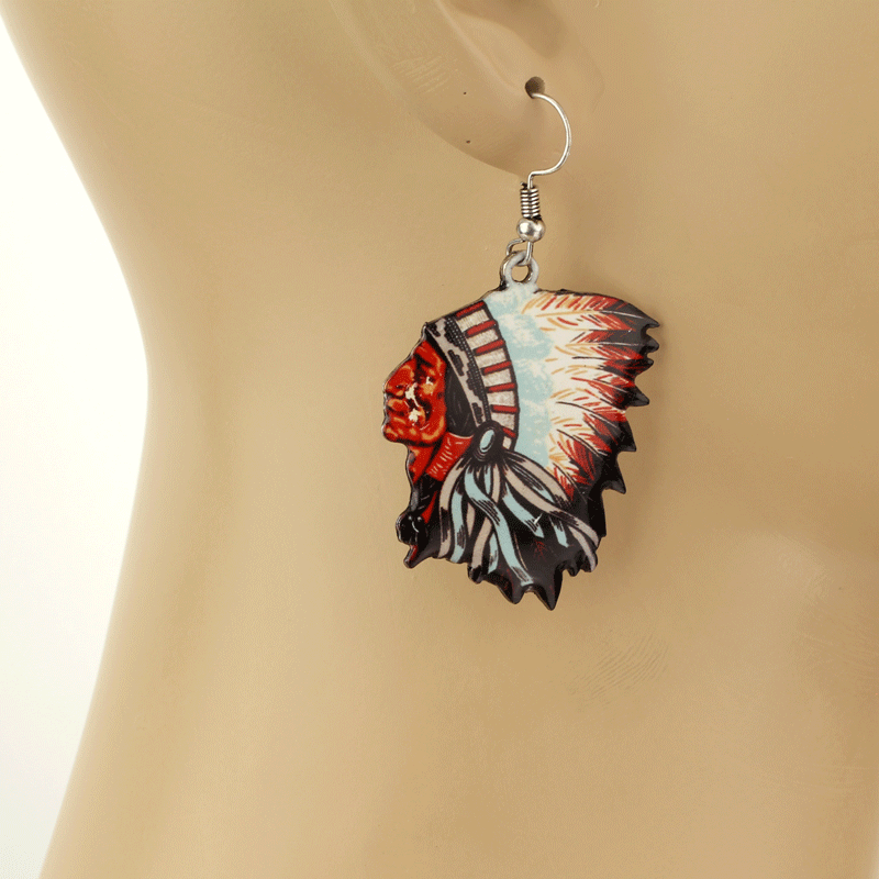 Western Large Indian Chief Fish Hook Earrings - Image 2