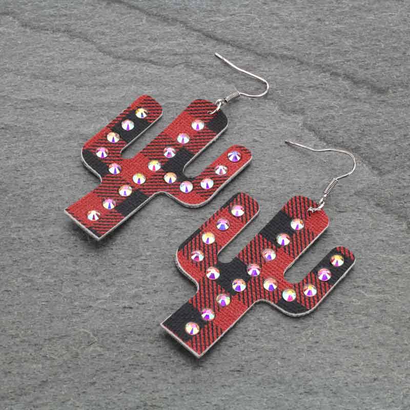Plaid pattern cactus leather fish hook earrings