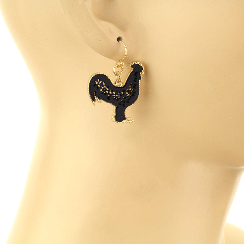 Leather Metal Rooster Filigree Fish Hook Earrings - Image 2
