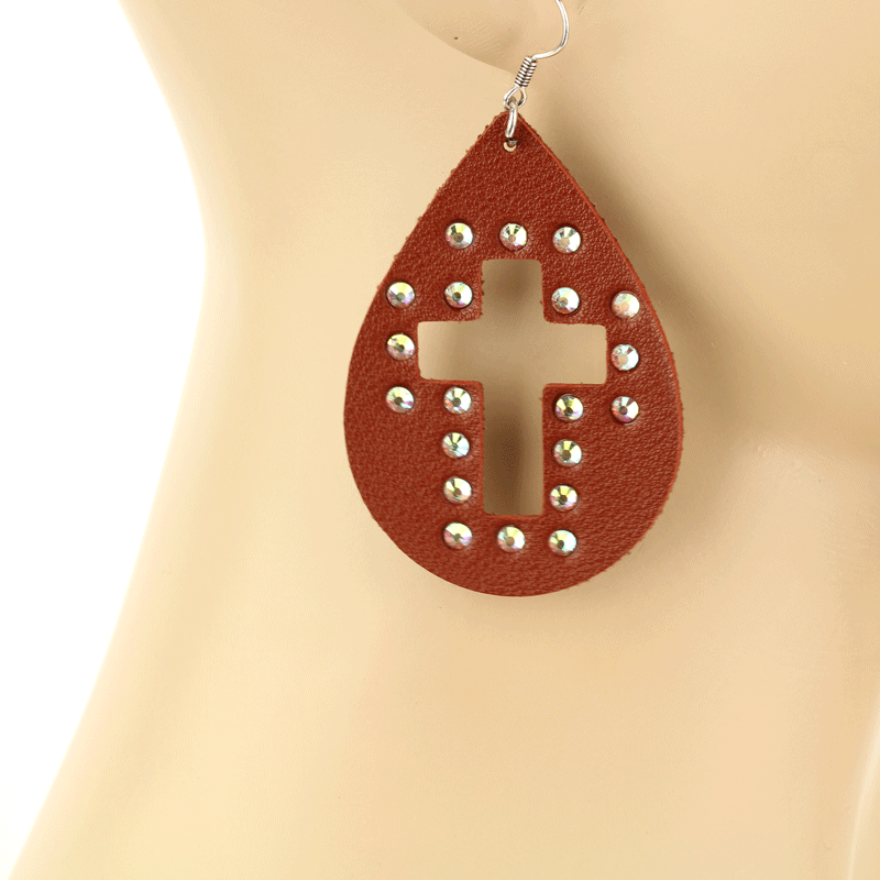 Leather Cross Teardrop Fish Hook Earrings - Image 2