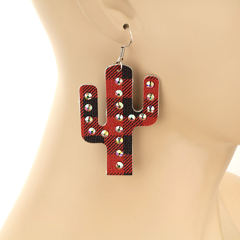 Plaid pattern cactus leather fish hook earrings - Image 2