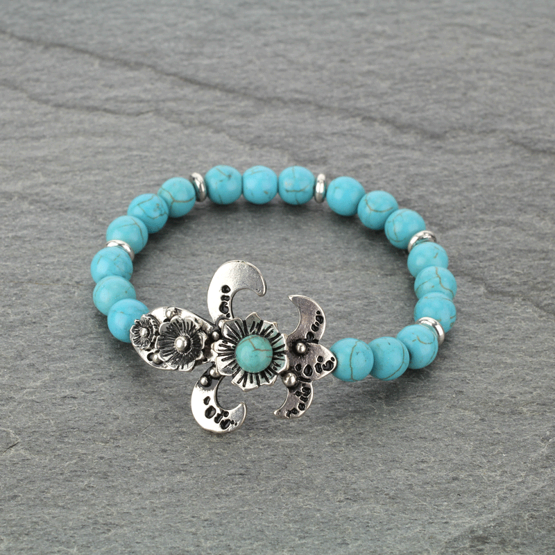 Flower Fleur De Lis Turquoise Stretch Bracelet