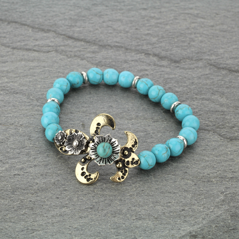 Flower Fleur De Lis Turquoise Stretch Bracelet
