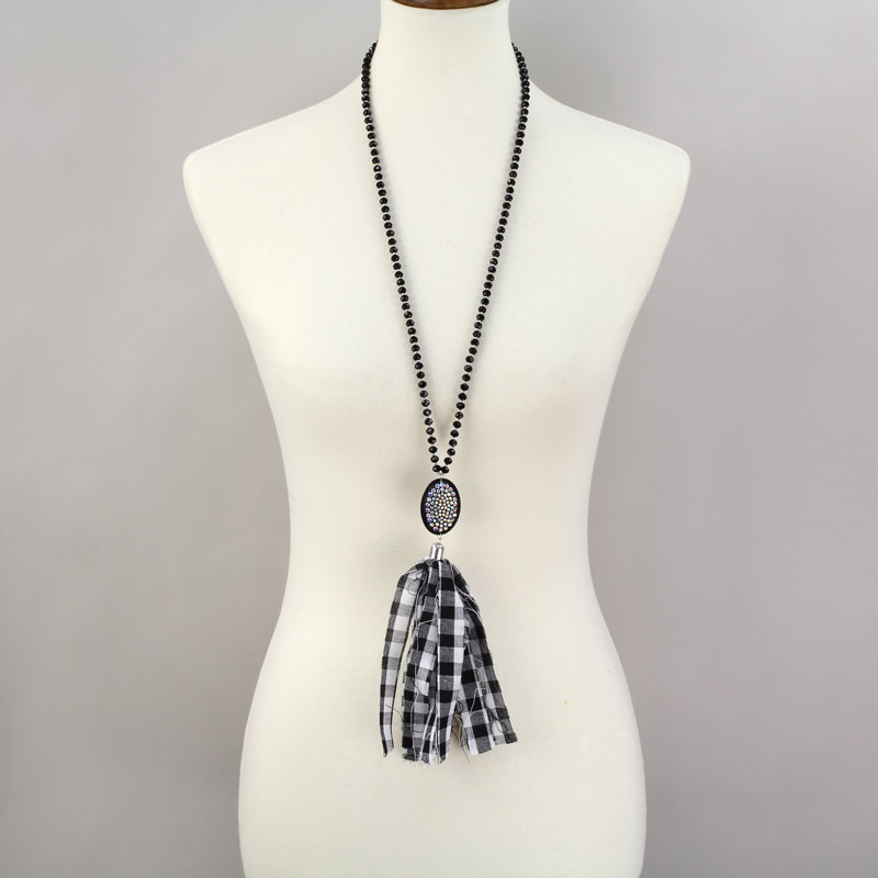 Glass Bead with Plaid Tassel Pendant Necklace - Image 2