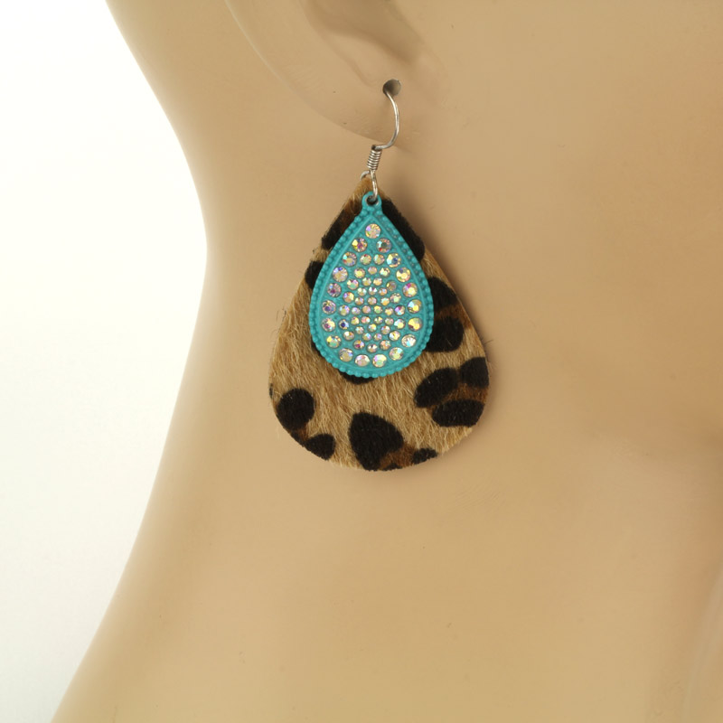 Teardrop Stone with Leather Fish Hook Earrings - Image 2