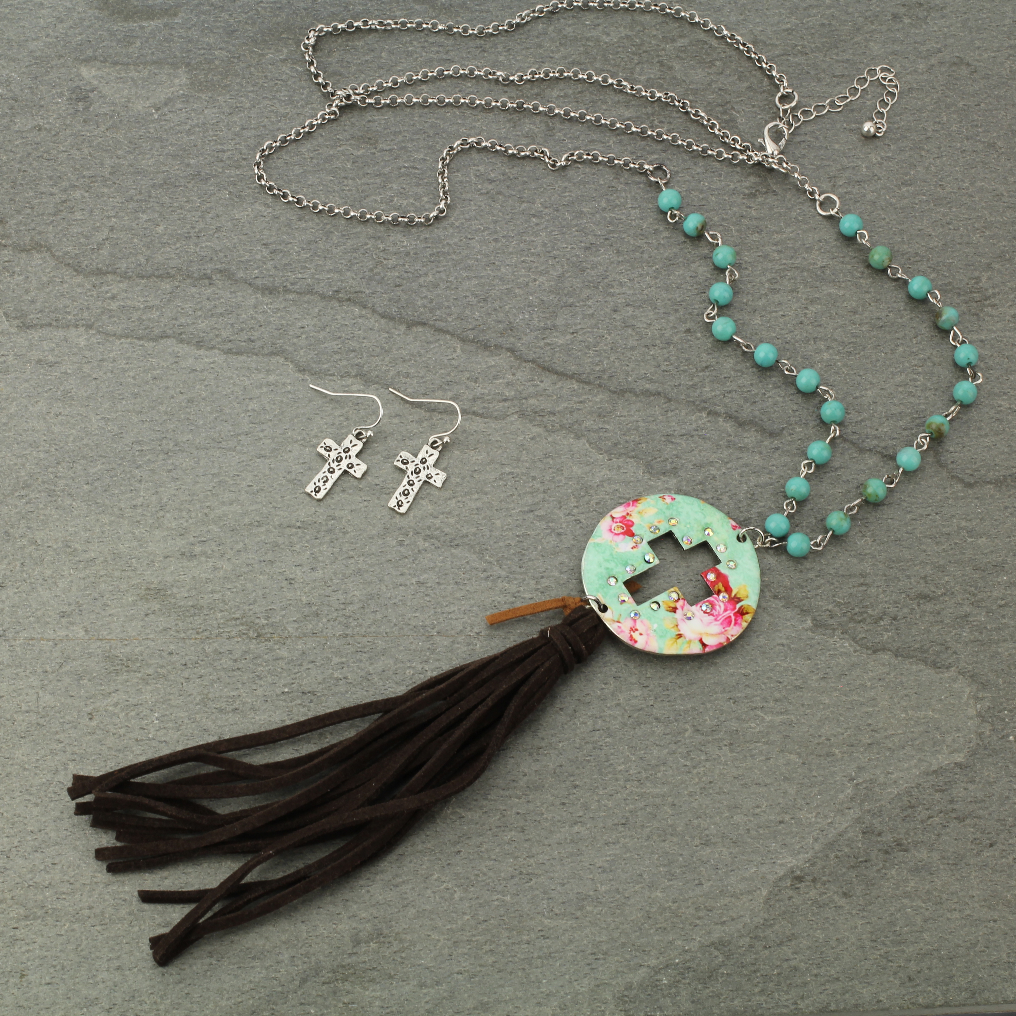 Floral Cross Cutout Suede Tassel Necklace Set