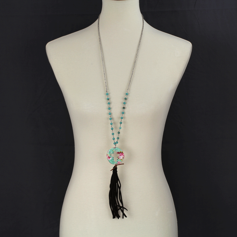 Floral Cross Cutout Suede Tassel Necklace Set - Image 2