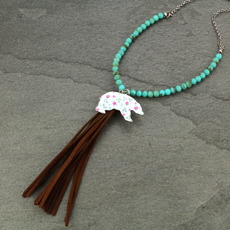 Bear Floral Suede Tassel Necklace Set