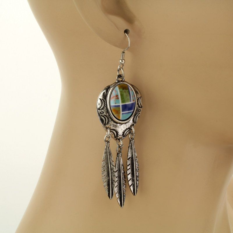 Western Design Feather Dangle Fish Hook Earrings - Image 2