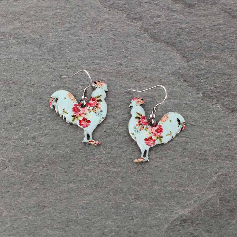 Rooster Floral Fish Hook Earrings