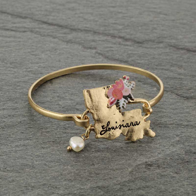 Louisiana State Map Script Floral Wire Bracelet