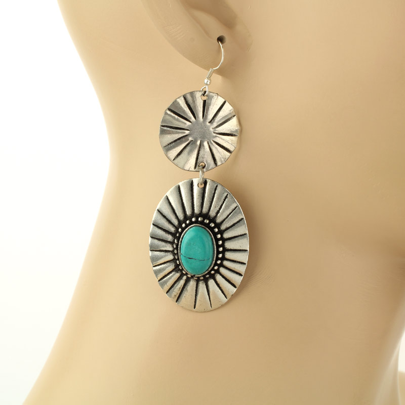 Handmade Turquoise Western Concho Fish Hook Earrings - Image 2