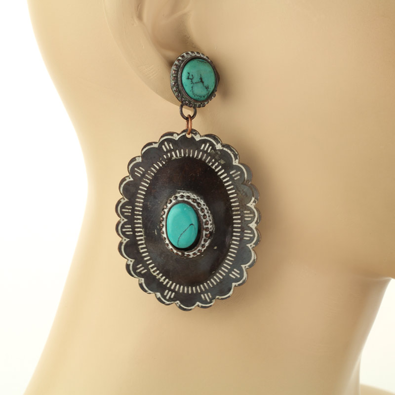 Handmade Turquoise Large Concho Post Earrings - Image 2