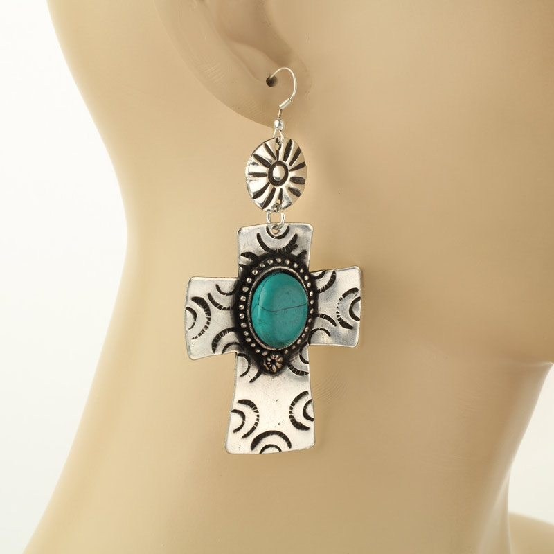 Handmade Turquoise Western Cross Fish Hook Earrings - Image 2