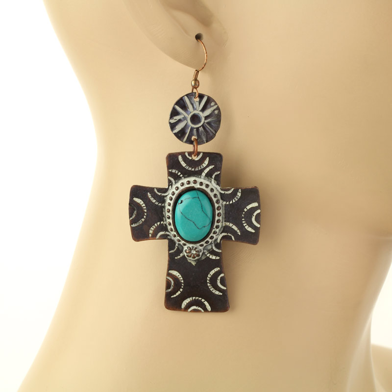 Handmade Turquoise Western Cross Fish Hook Earrings - Image 2