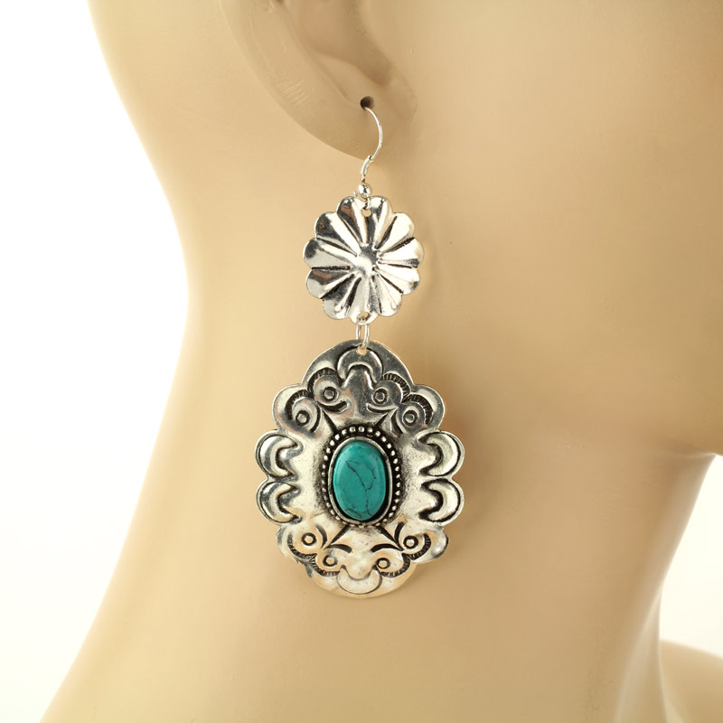 Handmade Turquoise Western Flower Fish Hook Earrings - Image 2