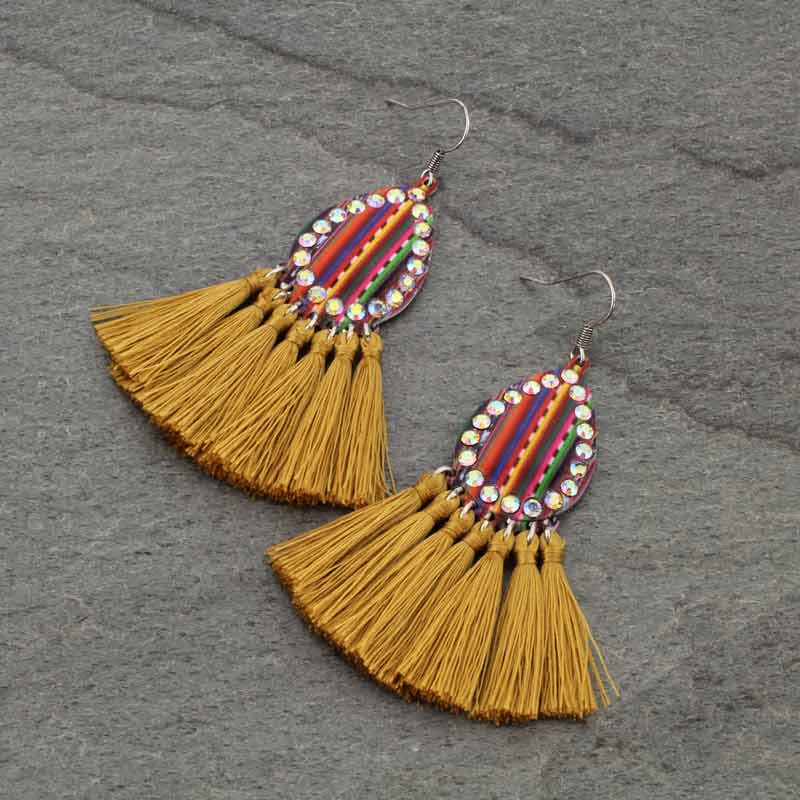Patterned Printed Teardrop with Tassel Fish Hook Earrings