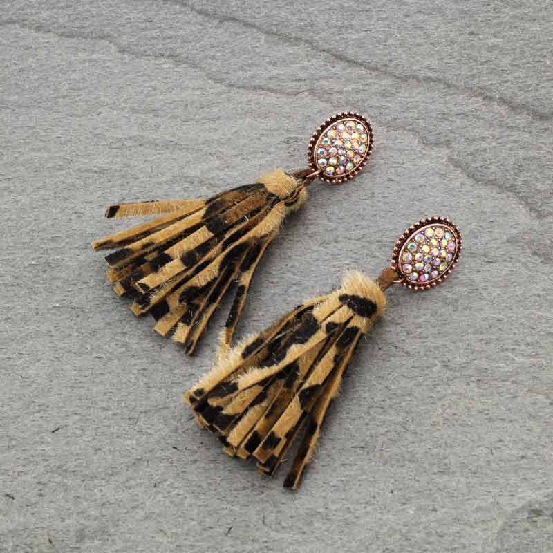 Stone with Leopard Tassel Post Earrings