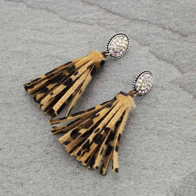 Stone with Leopard Tassel Post Earrings