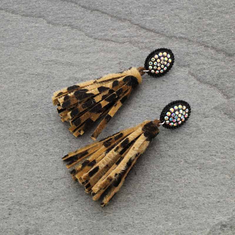 Stone with Leopard Tassel Post Earrings