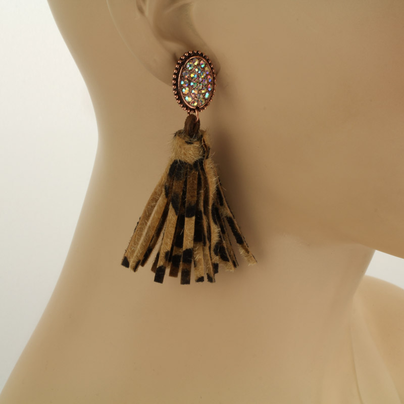 Stone with Leopard Tassel Post Earrings - Image 2