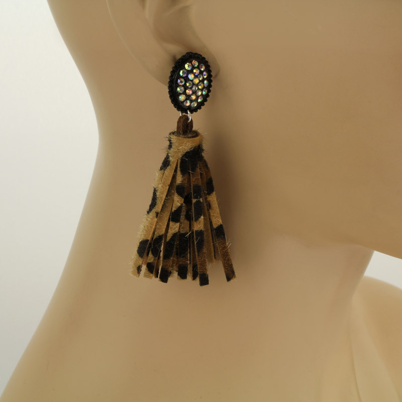 Stone with Leopard Tassel Post Earrings - Image 2