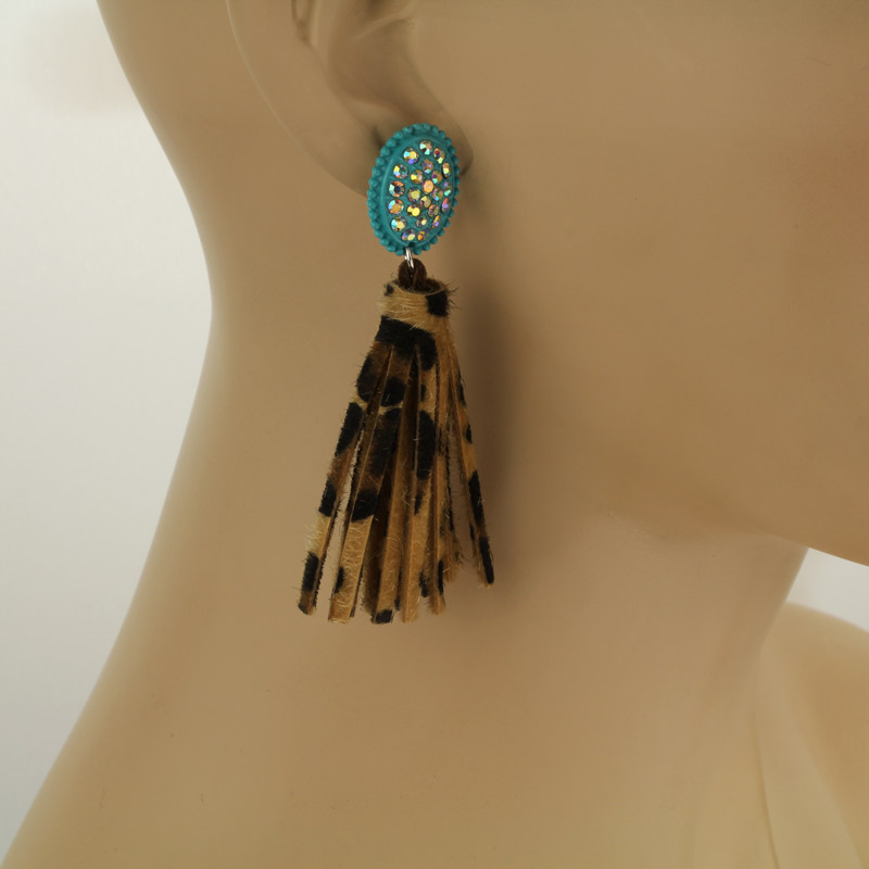 Stone with Leopard Tassel Post Earrings - Image 2