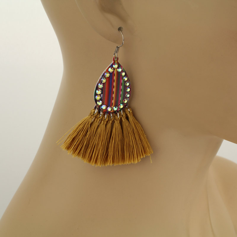 Patterned Printed Teardrop with Tassel Fish Hook Earrings - Image 2