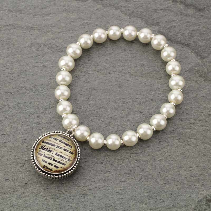"Sister's Blessing" Glass Bubble with Pearl Stretch Bracelet - Image 2