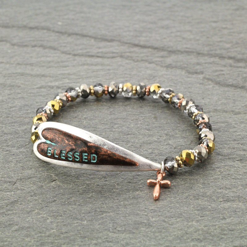 Message "Blessed" with Glass Bead Stretch Bracelet