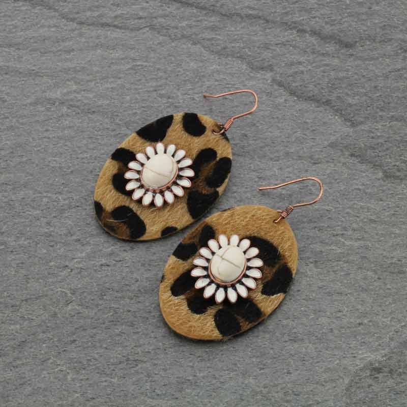 Leopard Leather with Stone Fish Hook Earrings