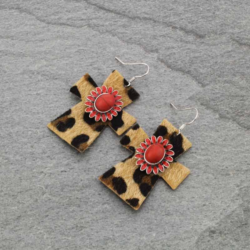 Leopard Leather with Stone Fish Hook Earrings