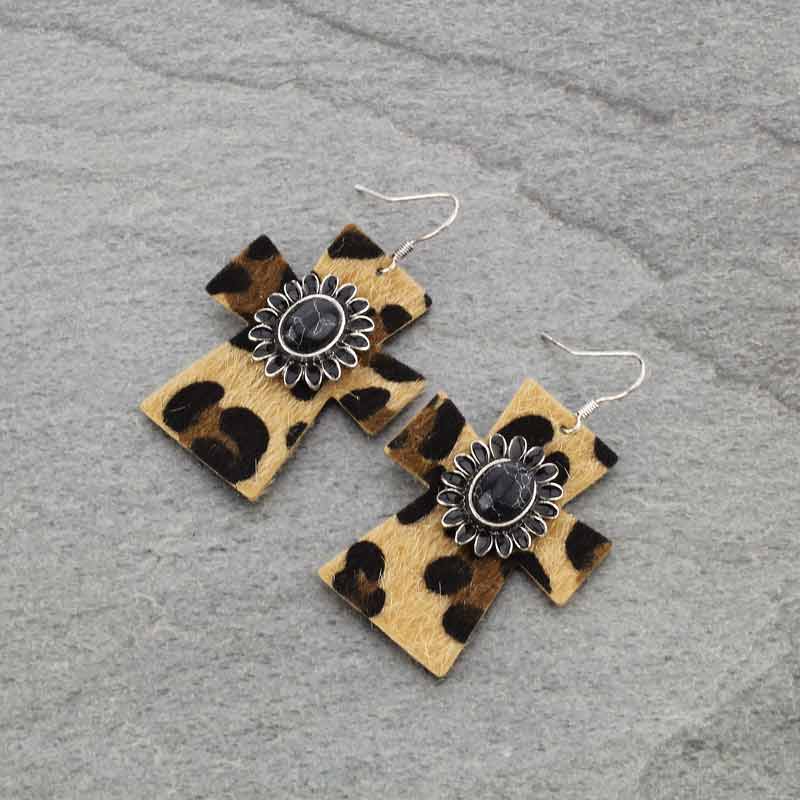 Leopard Leather with Stone Fish Hook Earrings
