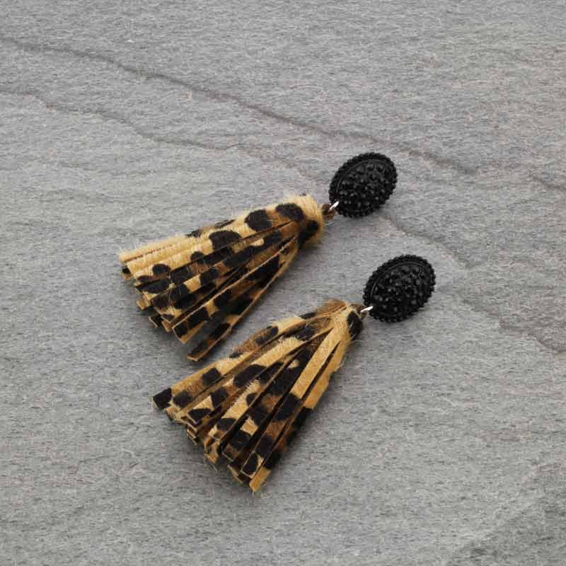 Stone with Leopard Tassel Post Earrings