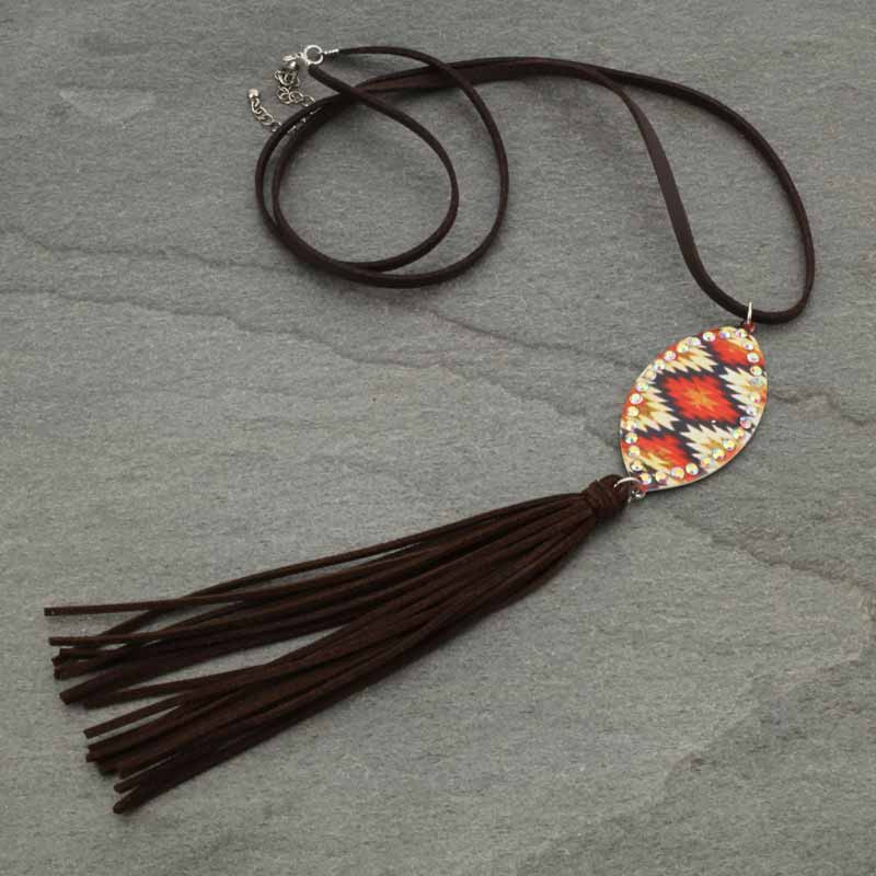Patterned Pendant with Tassel Necklace