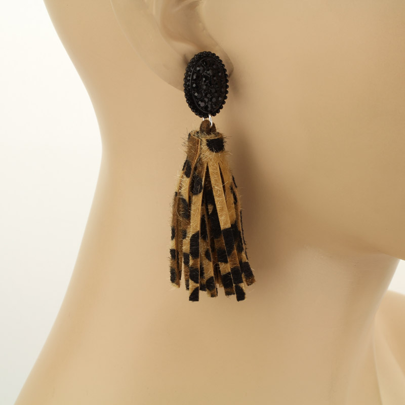 Stone with Leopard Tassel Post Earrings - Image 2