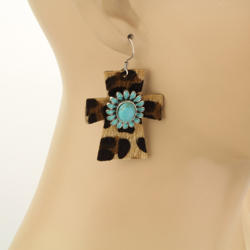 Leopard Leather with Stone Fish Hook Earrings - Image 3
