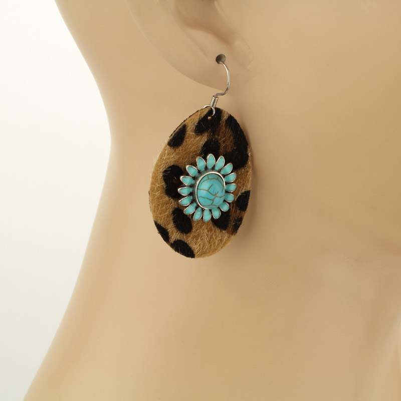 Leopard Leather with Stone Fish Hook Earrings - Image 3