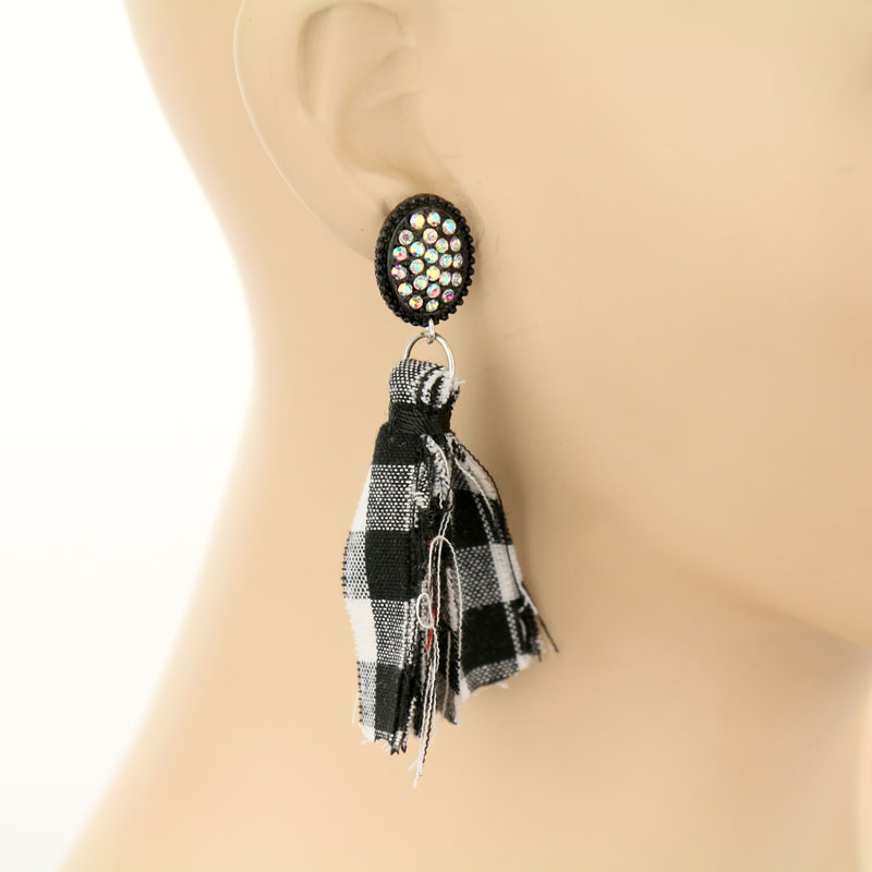 Stone with Fabric Tassel Post Earrings - Image 2