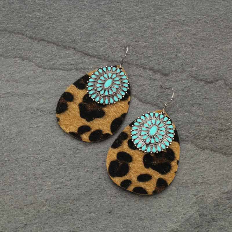 Leopard Leather with Concho Fish Hook Earrings
