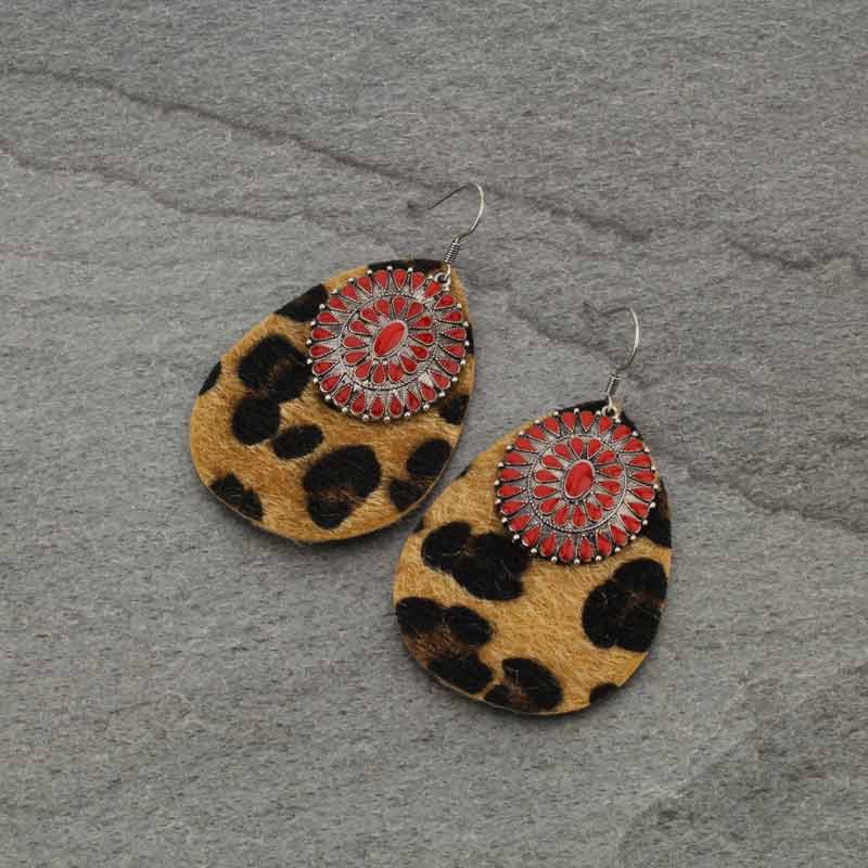 Leopard Leather with Concho Fish Hook Earrings
