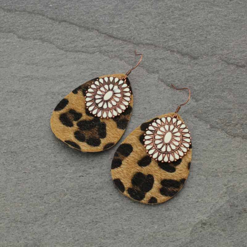 Leopard Leather with Concho Fish Hook Earrings